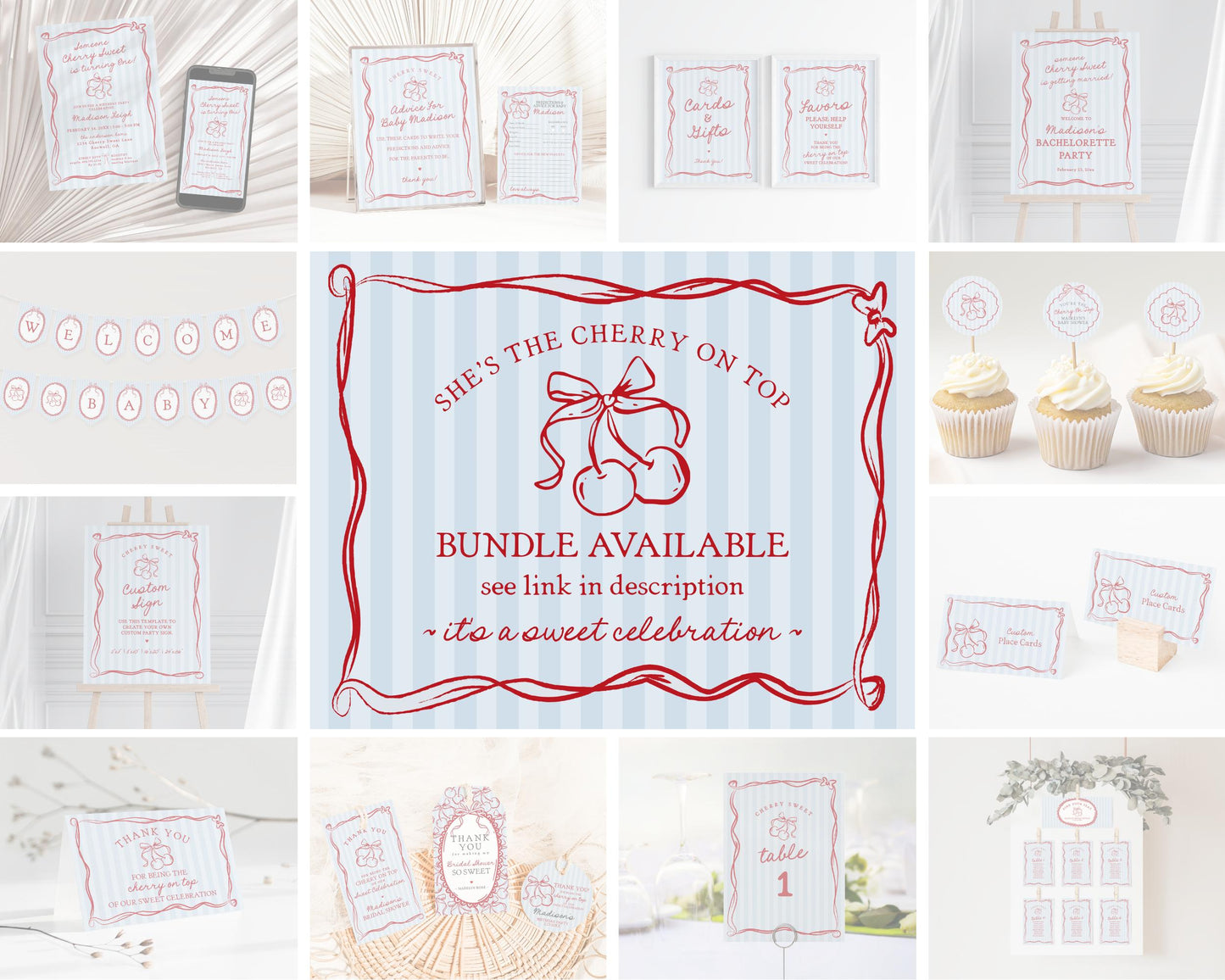 Blue Cherry Coquette Bow Baby Shower Invitation Template, Retro Cherry on Top Baby Sprinkle, Hand Drawn Party Decor Doodle Cherries WP1039