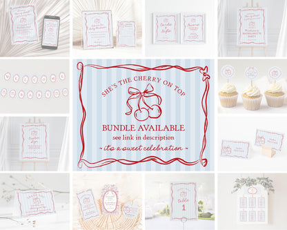 Blue Cherry Coquette Bow Baby Shower Invitation Template, Retro Cherry on Top Baby Sprinkle, Hand Drawn Party Decor Doodle Cherries WP1039