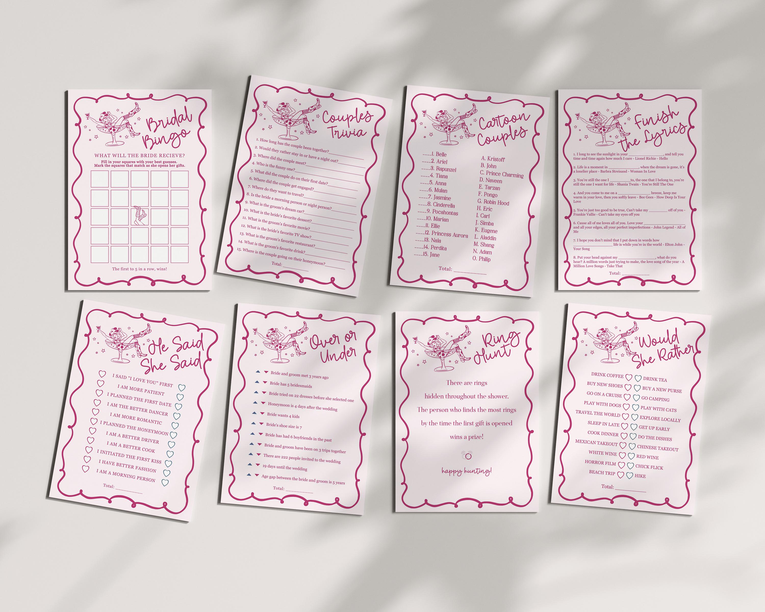 Pink Cocktails and Cowgirls Bridal Shower Games Set Template, Western Bridal Brunch With Bride, Boots and Bubbly Last Rodeo Nash Bash WP1040