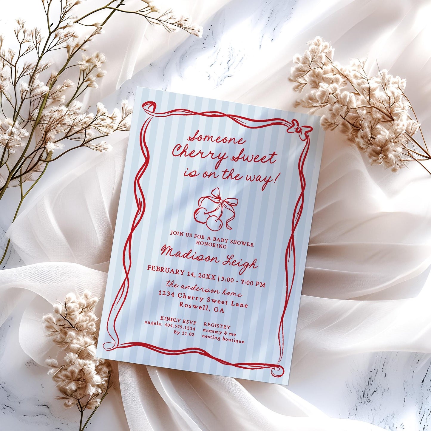 Blue Cherry Coquette Bow Baby Shower Invitation Template, Retro Cherry on Top Baby Sprinkle, Hand Drawn Party Decor Doodle Cherries WP1039