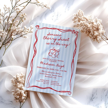 Blue Cherry Coquette Bow Baby Shower Invitation Template, Retro Cherry on Top Baby Sprinkle, Hand Drawn Party Decor Doodle Cherries WP1039