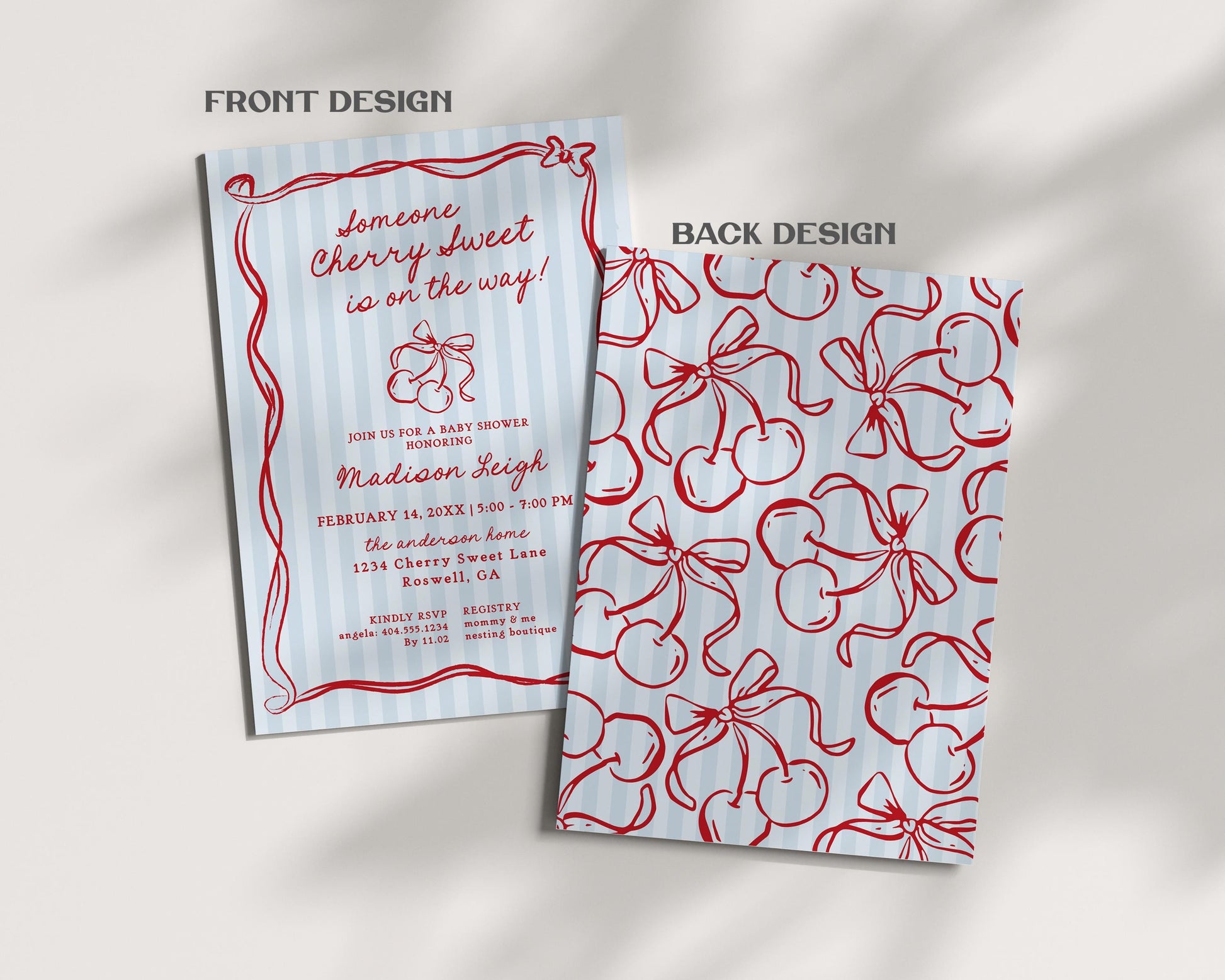 Blue Cherry Coquette Bow Baby Shower Invitation Template, Retro Cherry on Top Baby Sprinkle, Hand Drawn Party Decor Doodle Cherries WP1039