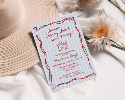 Blue Cherry Coquette Bow Baby Shower Invitation Template, Retro Cherry on Top Baby Sprinkle, Hand Drawn Party Decor Doodle Cherries WP1039