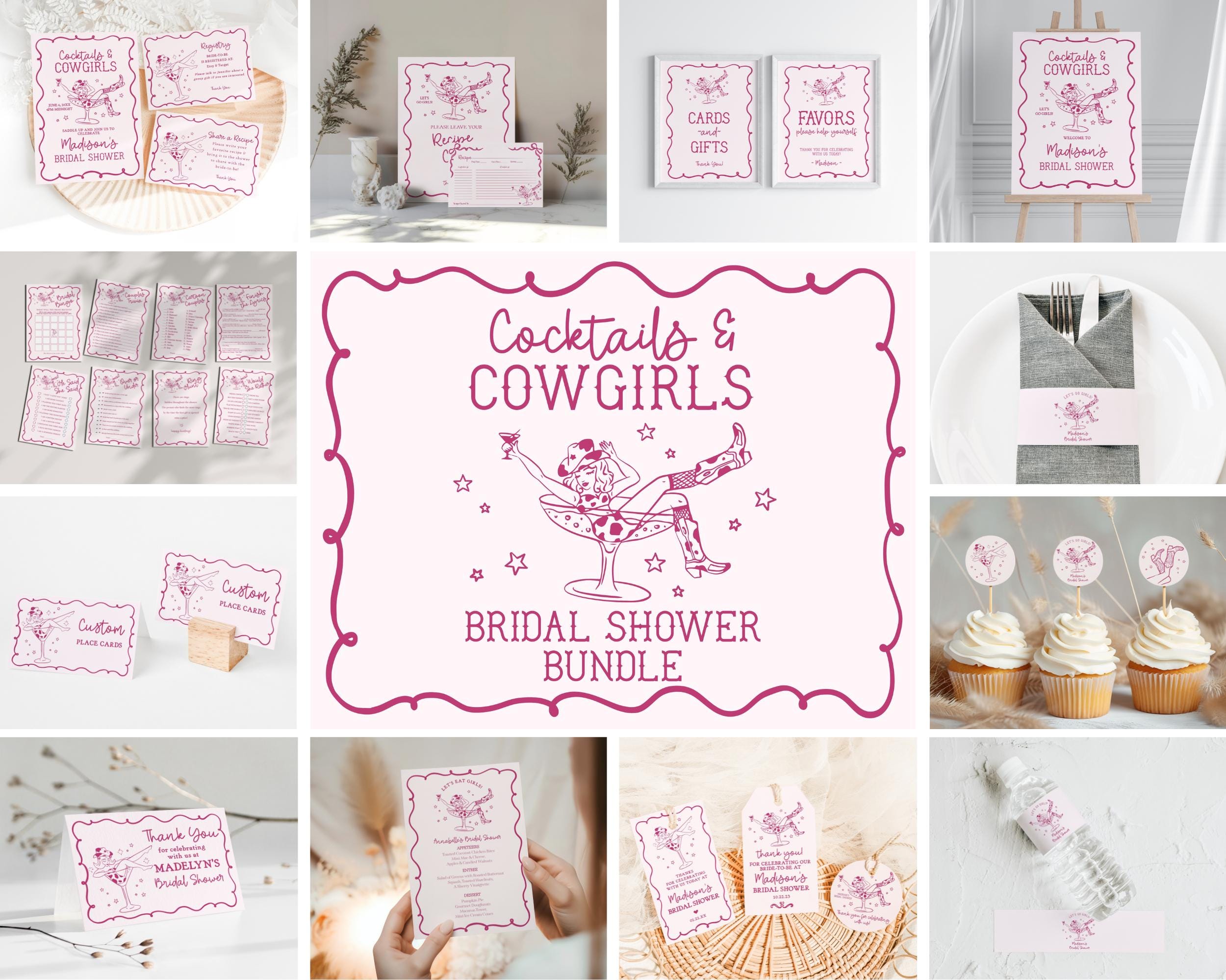 Pink Cocktails and Cowgirls Bridal Shower Bundle Template, Western Theme Bridal Brunch With Bride, Boots Bubbly Last Rodeo Nash Bash WP1040