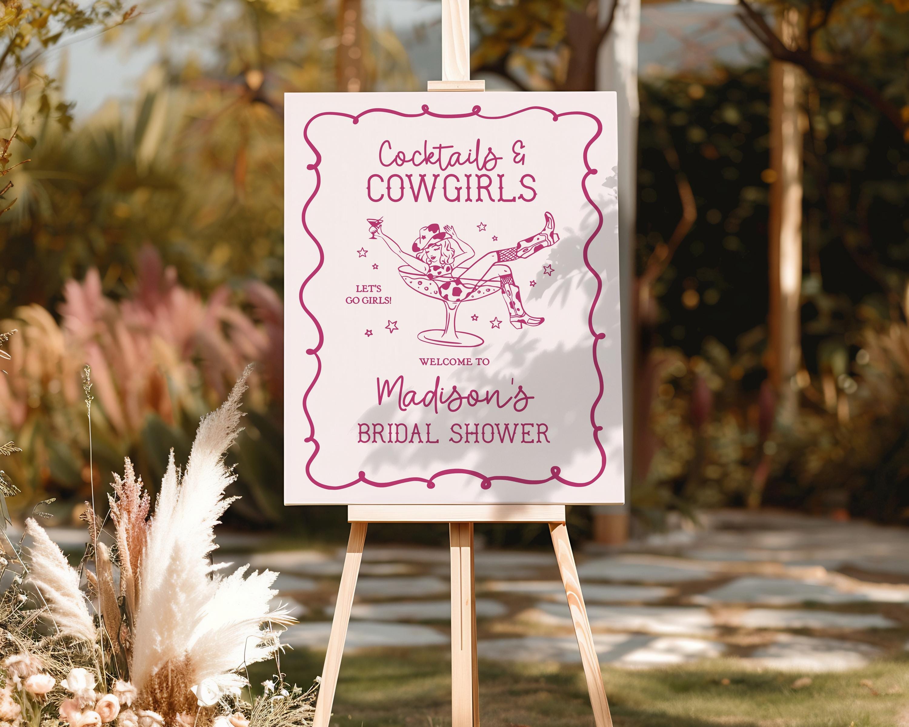 Pink Cocktails and Cowgirls Bridal Shower Welcome Sign Template, Western Bridal Brunch With Bride, Boots Bubbly Last Rodeo Nash Bash WP1040
