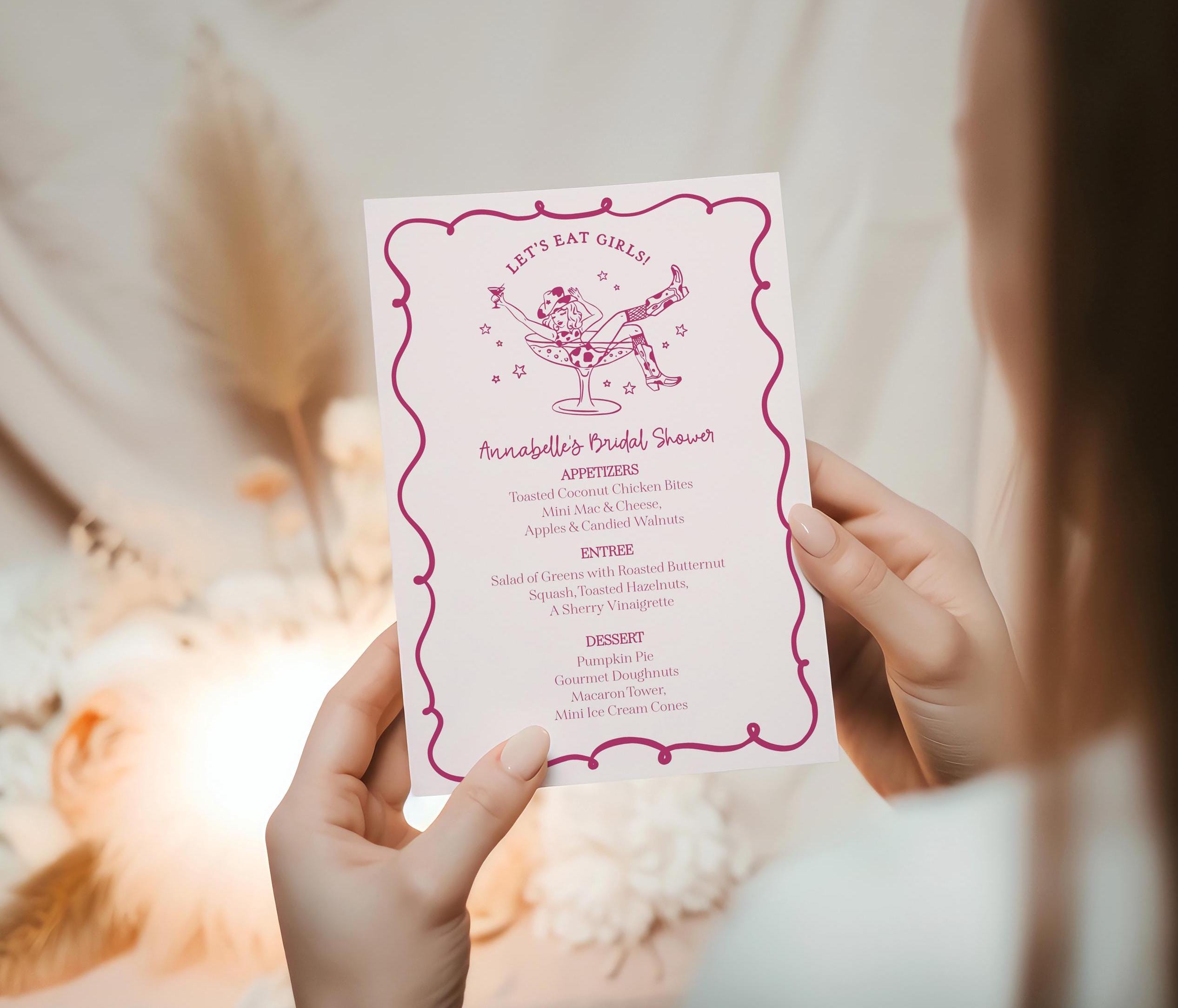 Pink Cocktails and Cowgirls Menu Template, Western Theme Bridal Shower, Nashville Birthday Party, Last Rodeo Bachelorette Party WP1040
