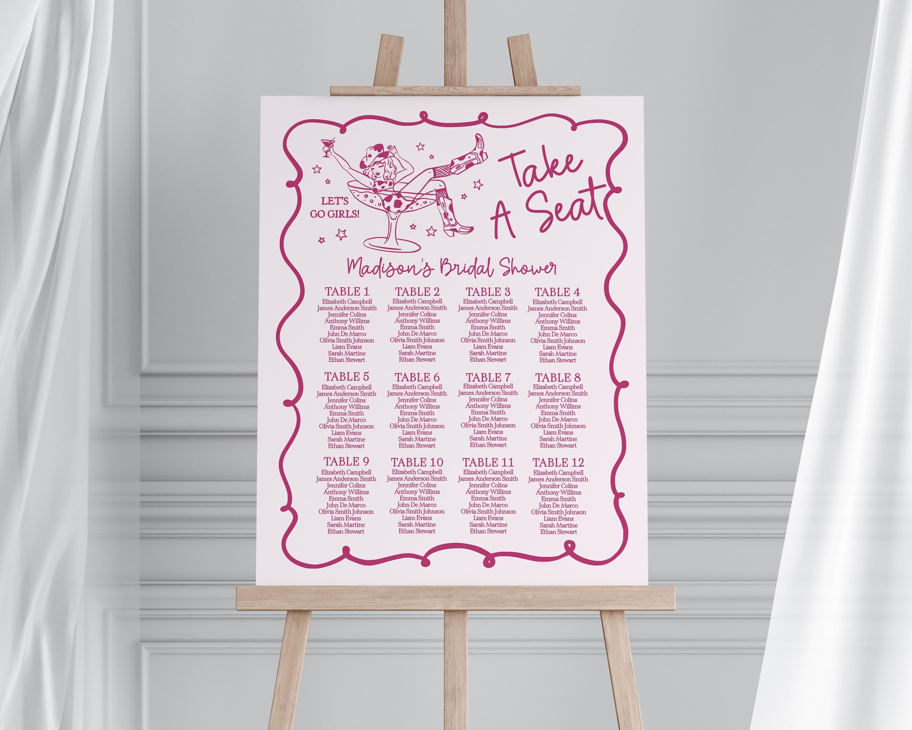 Pink Cocktails and Cowgirls Seating Chart Template, Western Theme Bridal Shower, Nashville Birthday Party, Last Rodeo Bachelorette WP1040