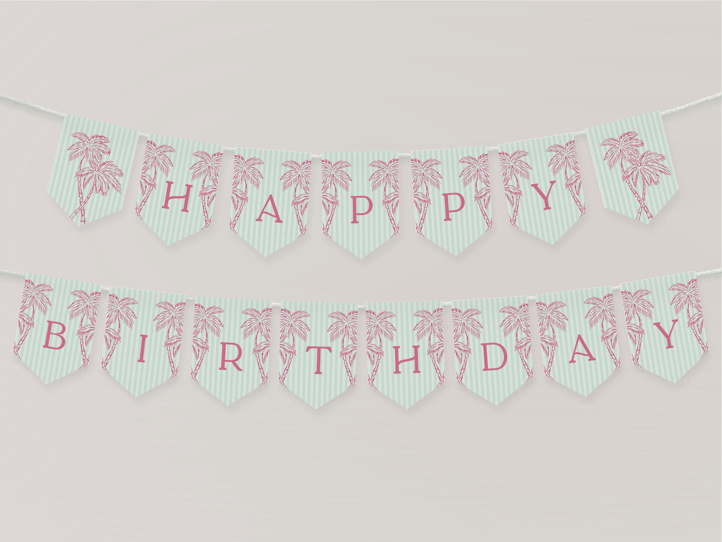 Green Palm Springs Birthday Banner Template, Vintage Palm Tree Beach Cabana Birthday Pool Party, Retro Tropical Pastel Party Decor WP1047