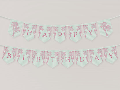 Green Palm Springs Birthday Banner Template, Vintage Palm Tree Beach Cabana Birthday Pool Party, Retro Tropical Pastel Party Decor WP1047