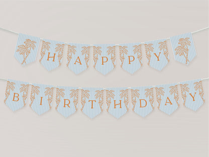 Blue Palm Springs Birthday Banner Template, Vintage Palm Tree Beach Cabana Birthday Pool Party, Retro Tropical Pastel Party Decor WP1048