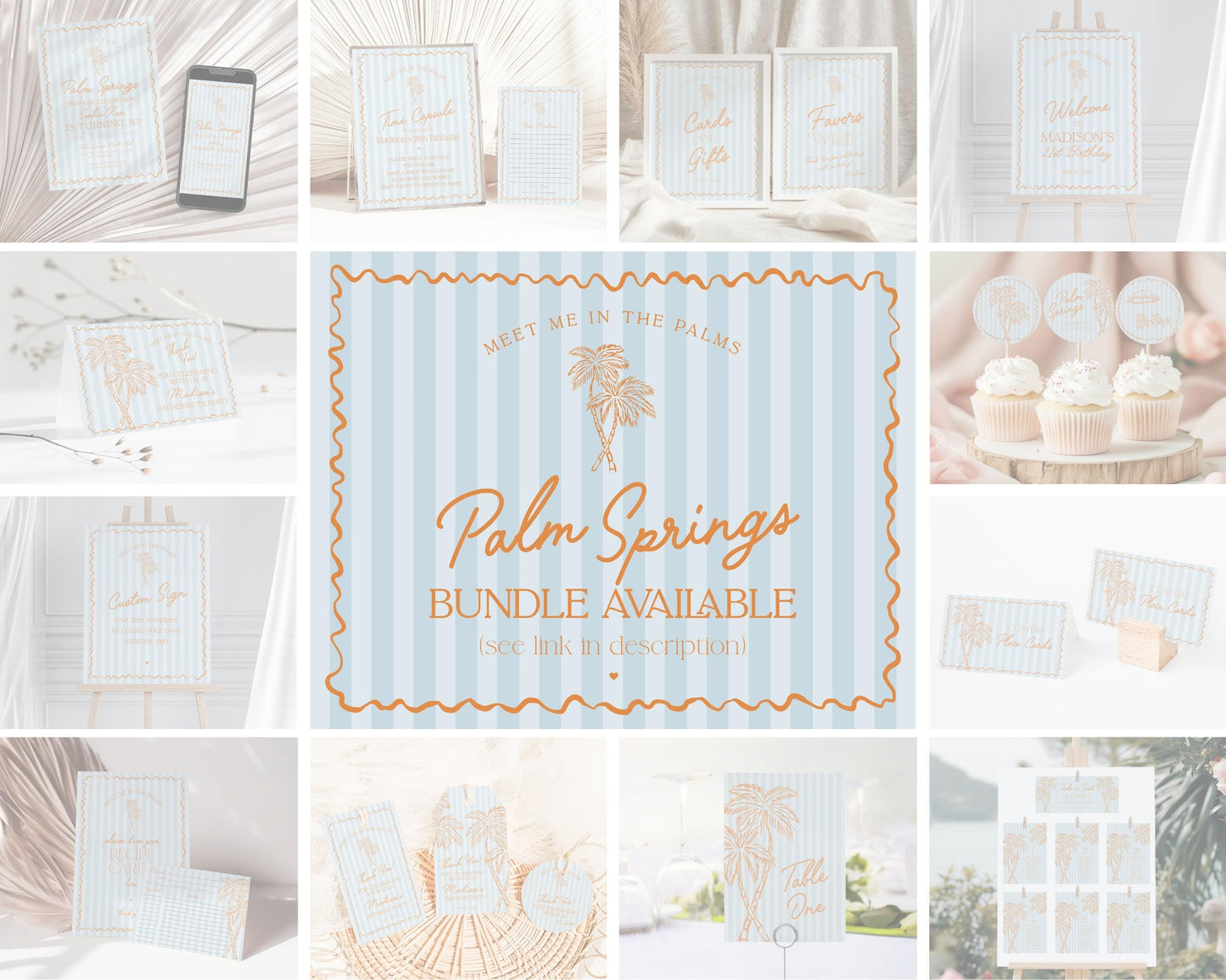 Blue Palm Springs Birthday Banner Template, Vintage Palm Tree Beach Cabana Birthday Pool Party, Retro Tropical Pastel Party Decor WP1048