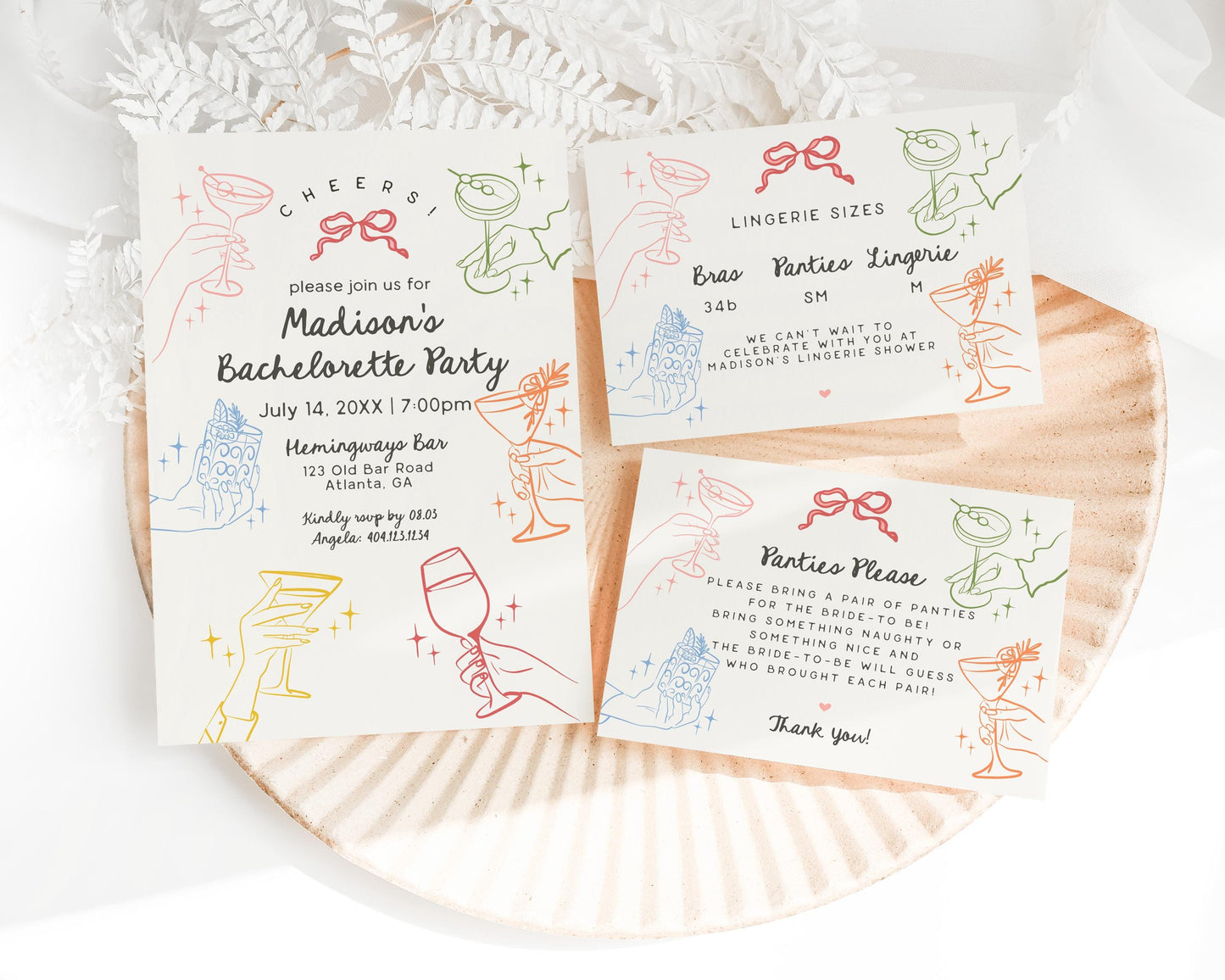 Cheers Colorful Cocktail Party Bachelorette Bundle Template, Retro Cocktail Bach Weekend, Hand Drawn Cocktail Hour Hen Party WP1054