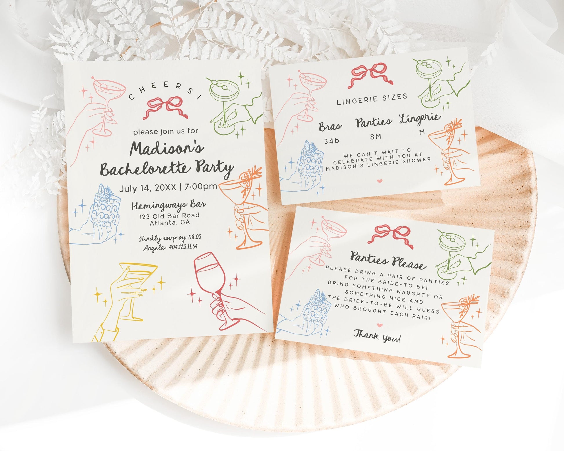 Cheers Colorful Cocktail Party Bachelorette Bundle Template, Retro Cocktail Bach Weekend, Hand Drawn Cocktail Hour Hen Party WP1054