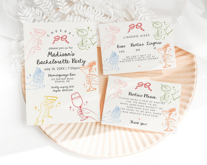 Cheers Colorful Cocktail Party Bachelorette Bundle Template, Retro Cocktail Bach Weekend, Hand Drawn Cocktail Hour Hen Party WP1054