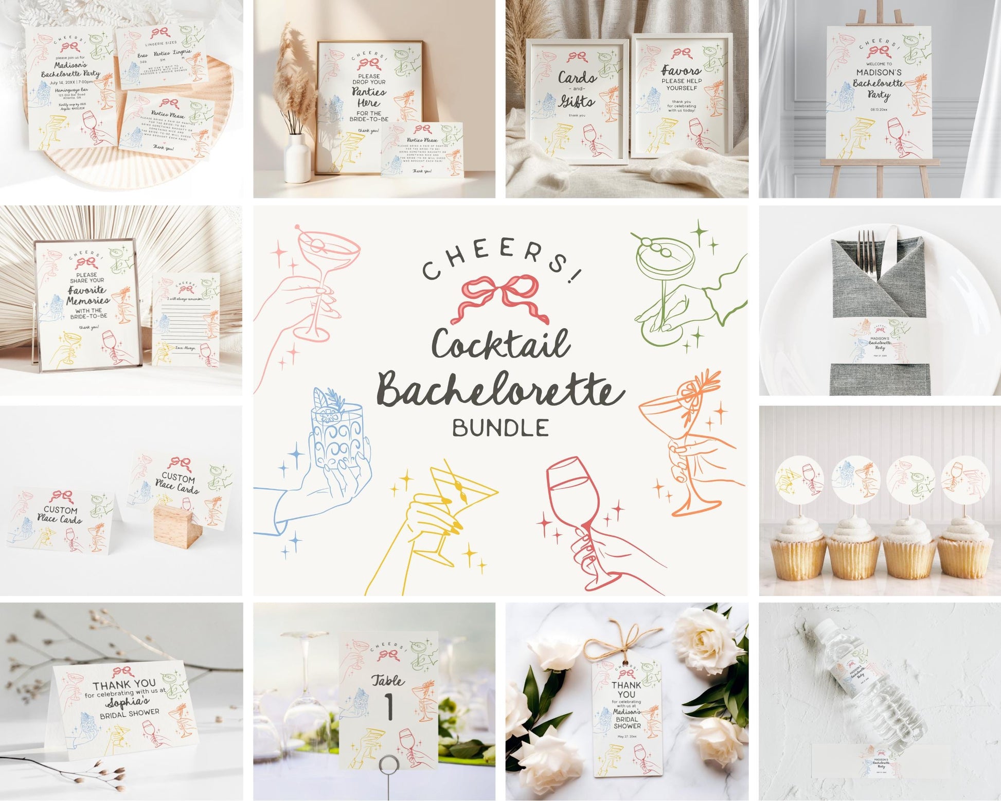 Cheers Colorful Cocktail Party Bachelorette Bundle Template, Retro Cocktail Bach Weekend, Hand Drawn Cocktail Hour Hen Party WP1054