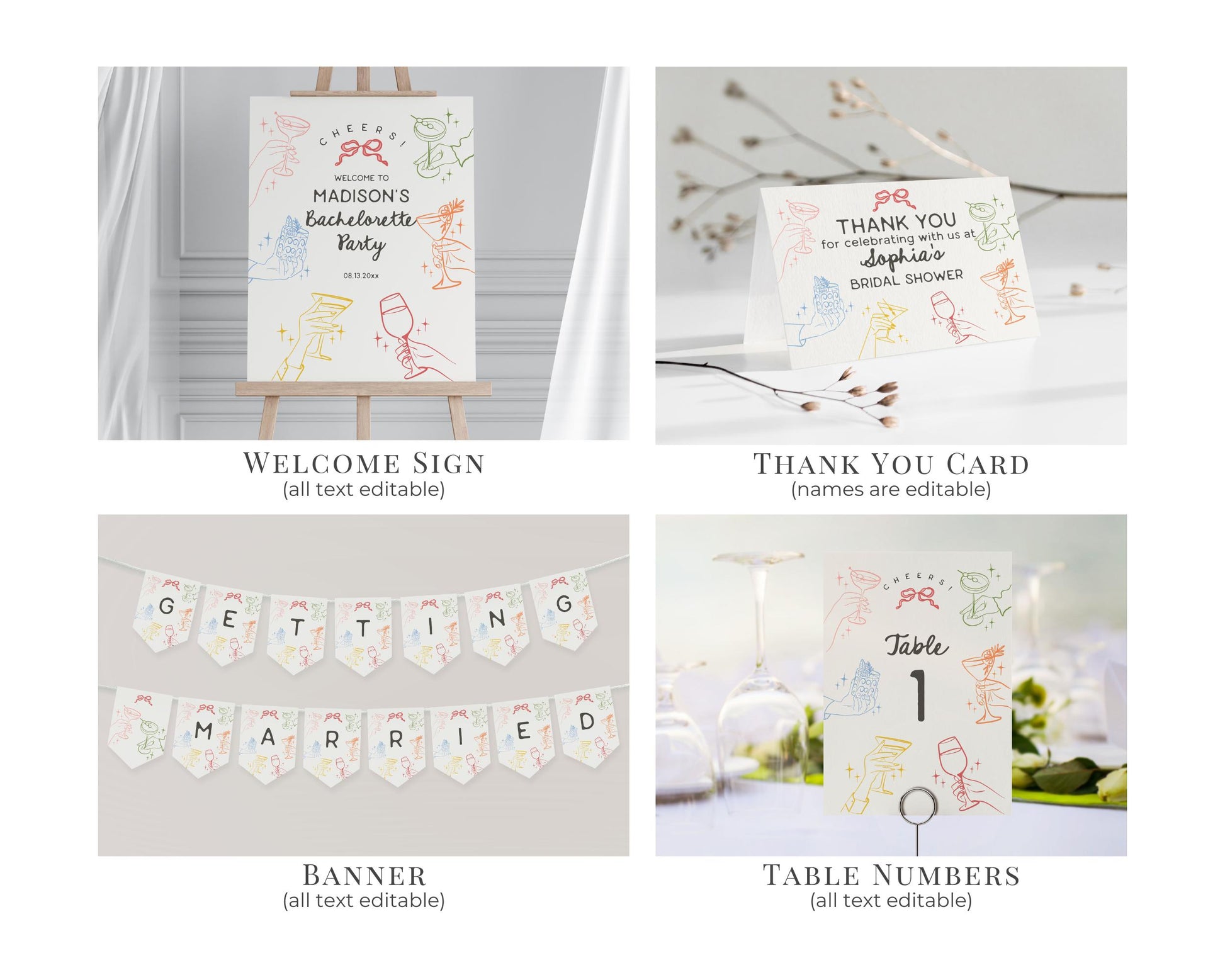 Cheers Colorful Cocktail Party Bachelorette Bundle Template, Retro Cocktail Bach Weekend, Hand Drawn Cocktail Hour Hen Party WP1054