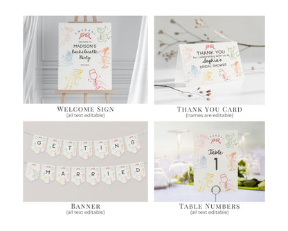 Cheers Colorful Cocktail Party Bachelorette Bundle Template, Retro Cocktail Bach Weekend, Hand Drawn Cocktail Hour Hen Party WP1054