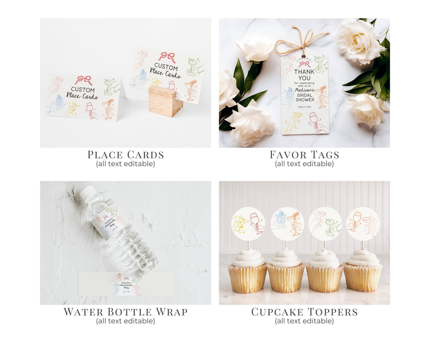 Cheers Colorful Cocktail Party Bachelorette Bundle Template, Retro Cocktail Bach Weekend, Hand Drawn Cocktail Hour Hen Party WP1054