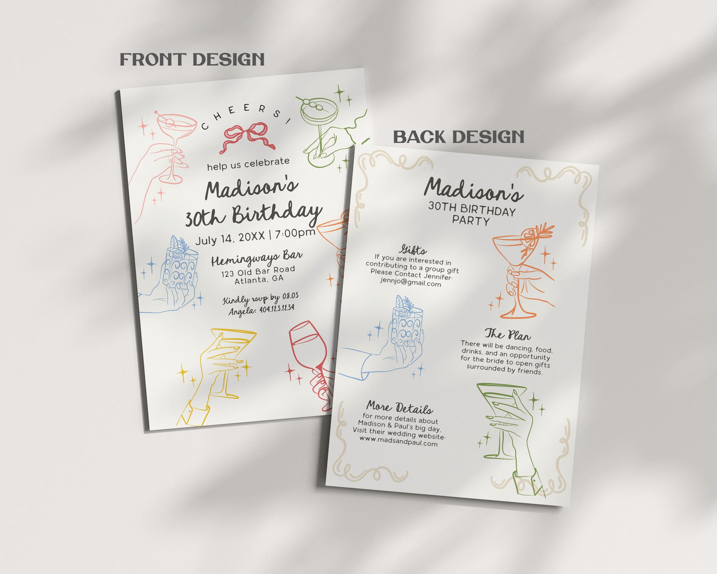 Cheers Colorful Cocktail Party Bachelorette Bundle Template, Retro Cocktail Bach Weekend, Hand Drawn Cocktail Hour Hen Party WP1054