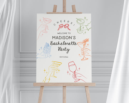 Cheers Colorful Cocktail Party Bachelorette Welcome Template, Retro Cocktail Bach Weekend, Hand Drawn Cocktail Hour for 60s Hen Party WP1054