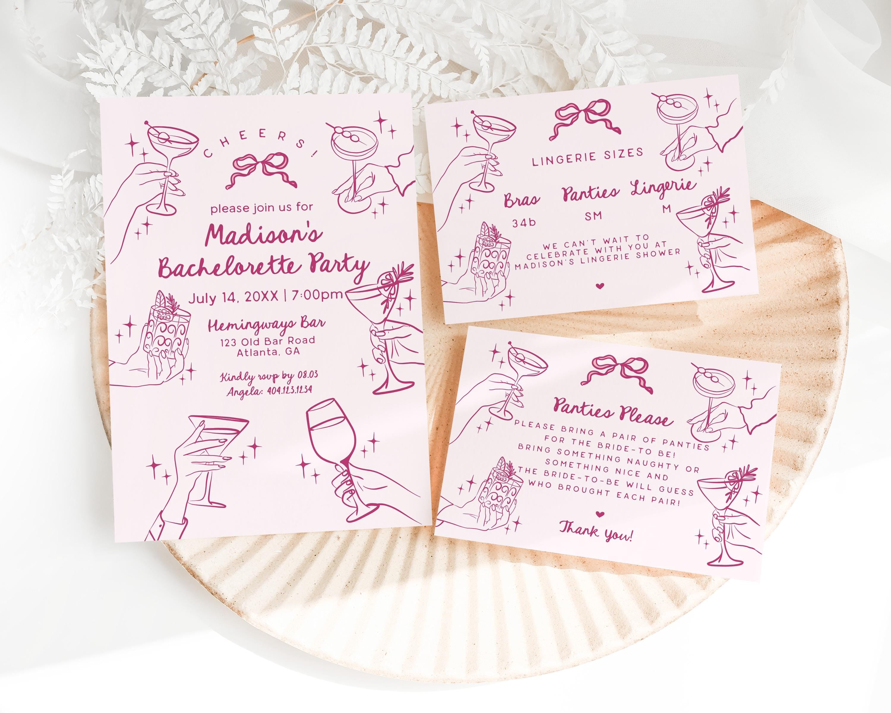 Cheers Pink Cocktail Party Bachelorette Invite Template, Retro Cocktail Bach Weekend, Hand Drawn Cocktail Hour for Stock the Bar WP1055