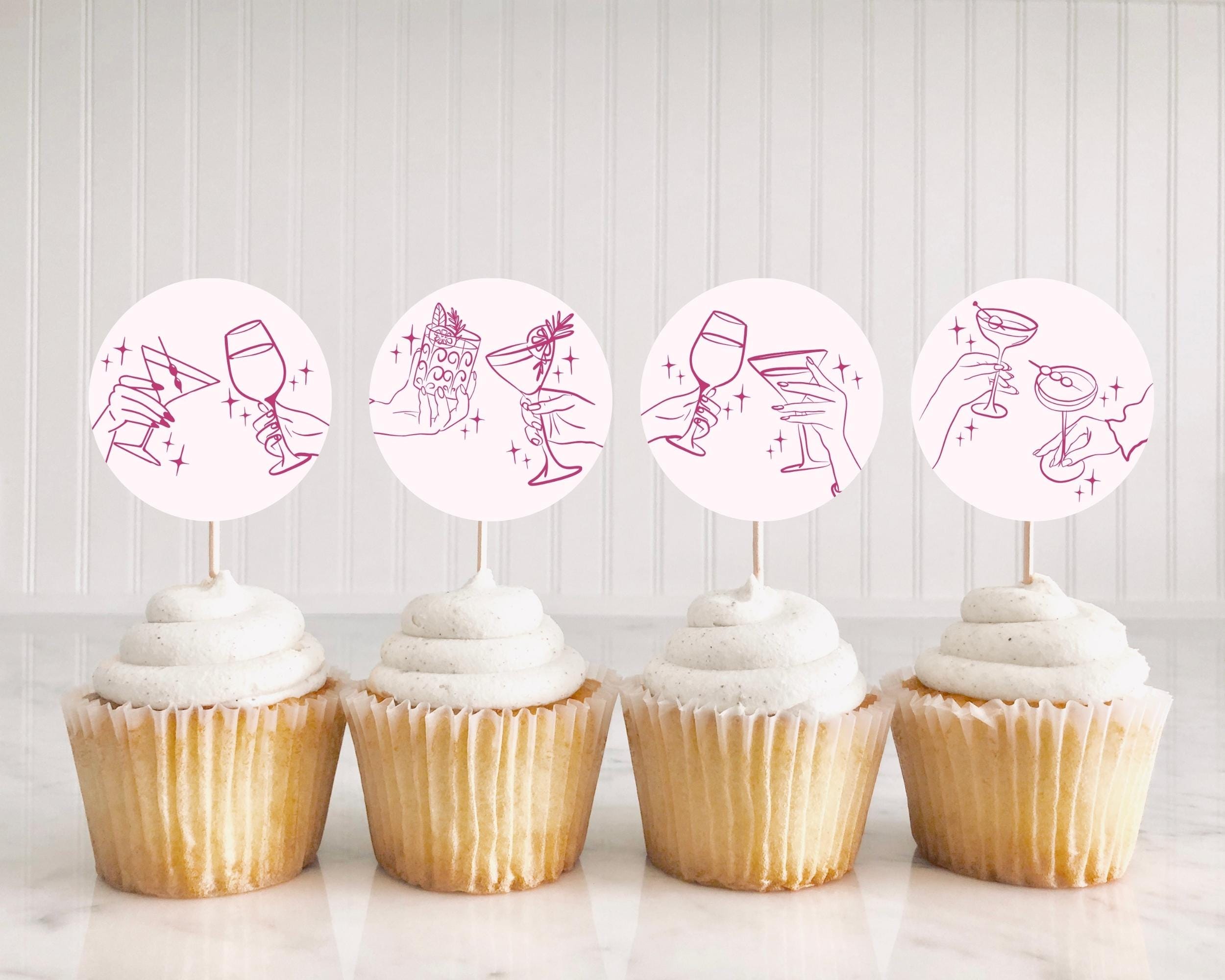 Cheers Pink Cocktail Party Cupcake Toppers Template, Retro Cocktail Hour Birthday Party, Hand Drawn Cocktails 60s Bridal Shower WP1055