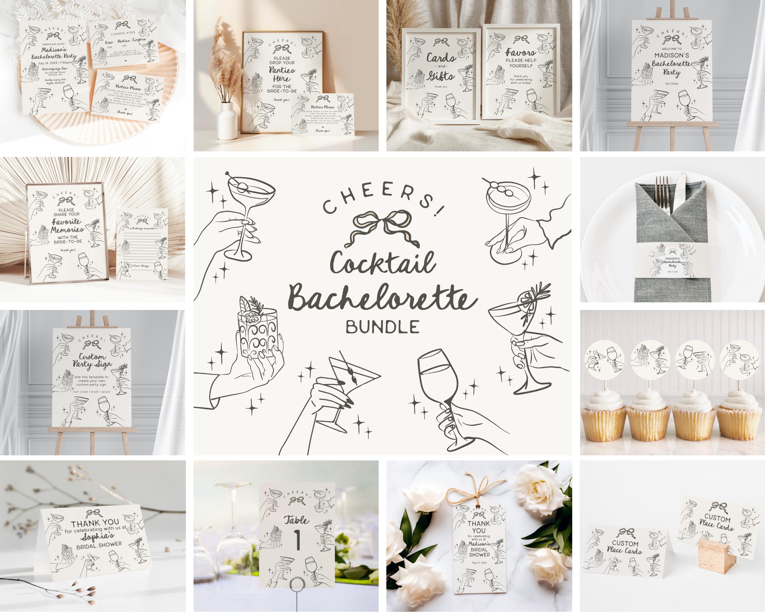 Cheers Beige Cocktail Party Bachelorette Bundle Template, Retro Cocktail Bach Weekend, Hand Drawn Cocktail Hour Hen Party WP1056