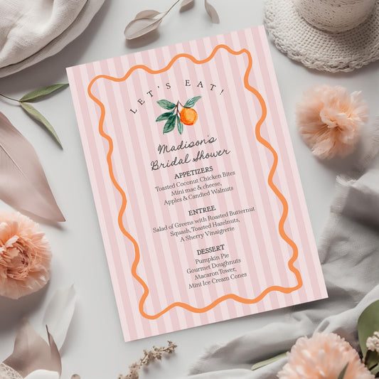 Pink Little Cutie Menu Template, Main Squeeze Bridal Shower, Citrus Baby Shower Decor for Summer Birthday Party Clementine Engagement WP1050