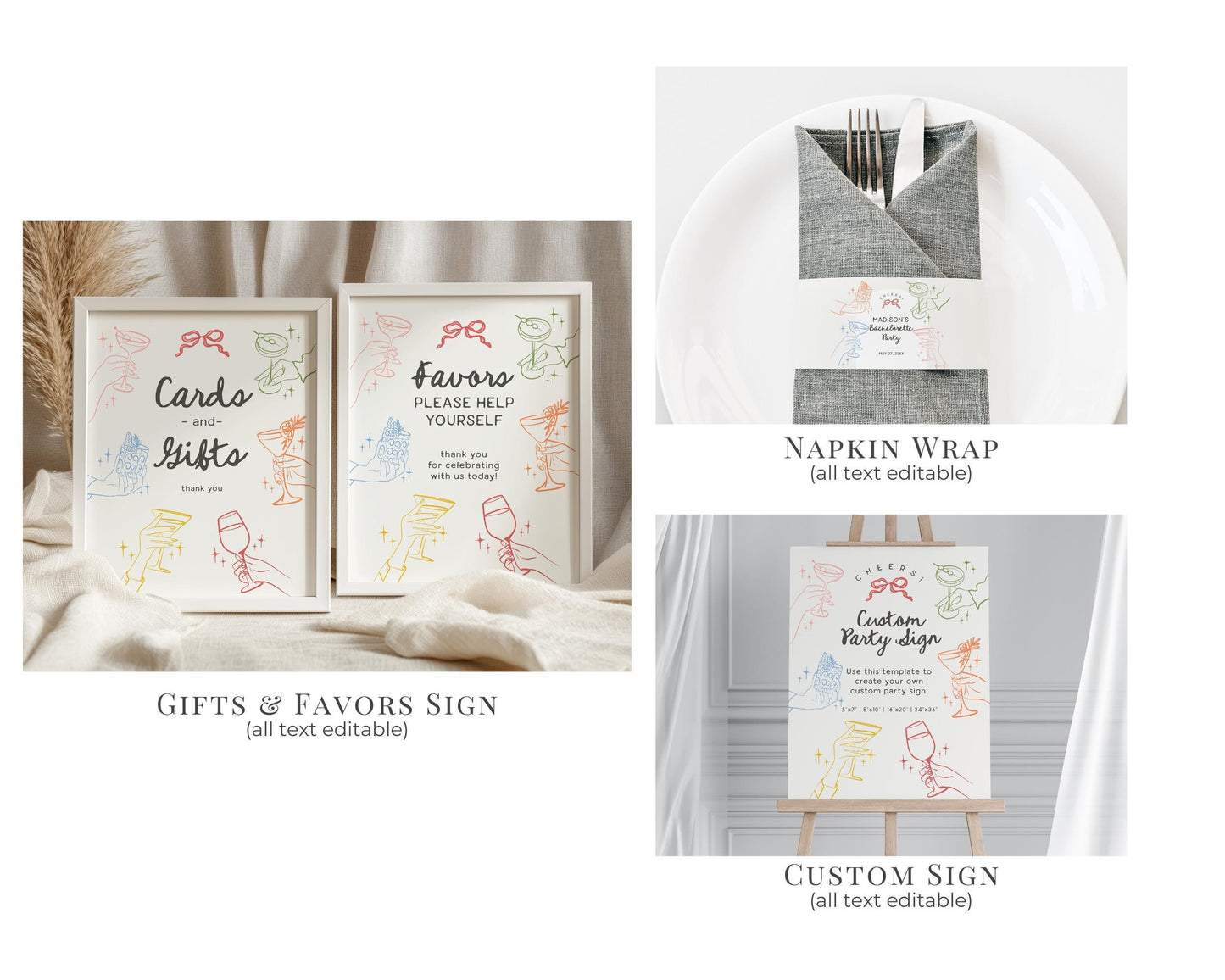 Cheers Colorful Cocktail Party Bachelorette Bundle Template, Retro Cocktail Bach Weekend, Hand Drawn Cocktail Hour Hen Party WP1054