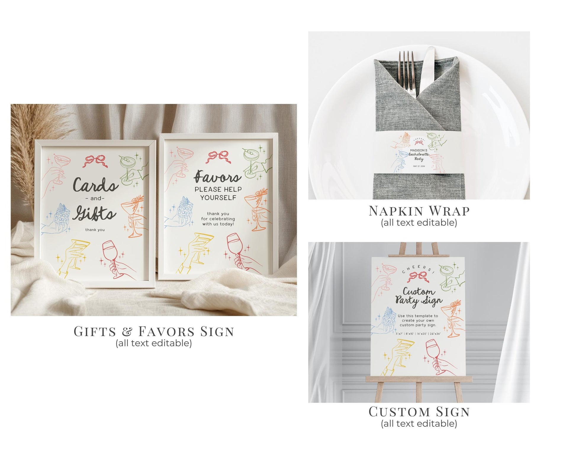 Cheers Colorful Cocktail Party Bachelorette Bundle Template, Retro Cocktail Bach Weekend, Hand Drawn Cocktail Hour Hen Party WP1054