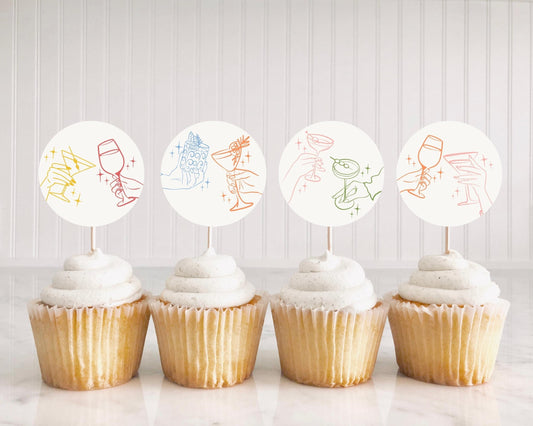 Cheers Colorful Cocktail Party Cupcake Toppers Template, Retro Cocktail Hour Birthday Party, Hand Drawn Cocktails 60s Bridal Shower WP1054