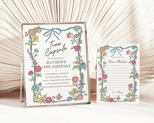 Summer Garden Party Time Capsule Template, Bright Floral 1st Birthday Party for Girl Coquette Summer Little Wildflower Bouquet Doodle WP1058