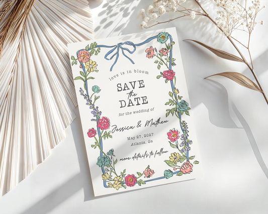 Summer Garden Party Save the Date Template, Bright Floral Love is in Bloom Wedding Coquette Summer Wildflower Engagement Announcement WP1058
