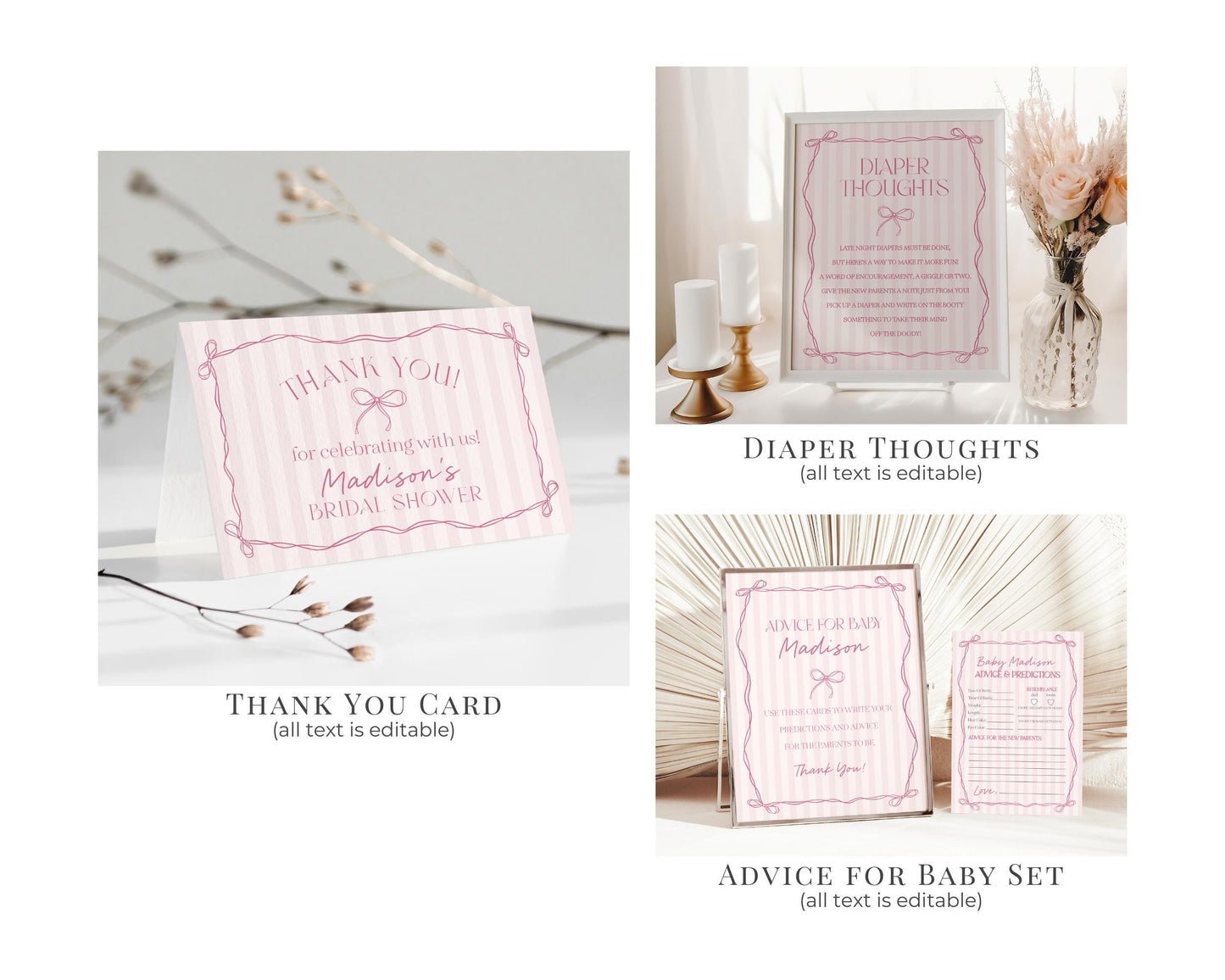 Pink Coquette Bow Baby Shower Bundle Template, Pastel Pink Grandmillennial Theme Baby Sprinkle with Whimsical Hand Drawn Bows WP1060