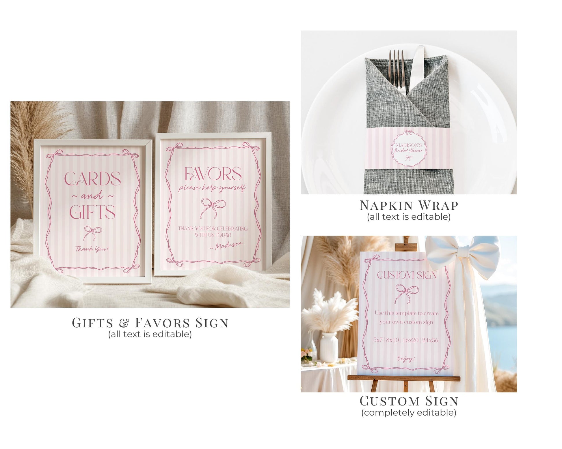 Pink Coquette Bow Baby Shower Bundle Template, Pastel Pink Grandmillennial Theme Baby Sprinkle with Whimsical Hand Drawn Bows WP1060