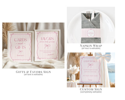 Pink Coquette Bow Baby Shower Bundle Template, Pastel Pink Grandmillennial Theme Baby Sprinkle with Whimsical Hand Drawn Bows WP1060