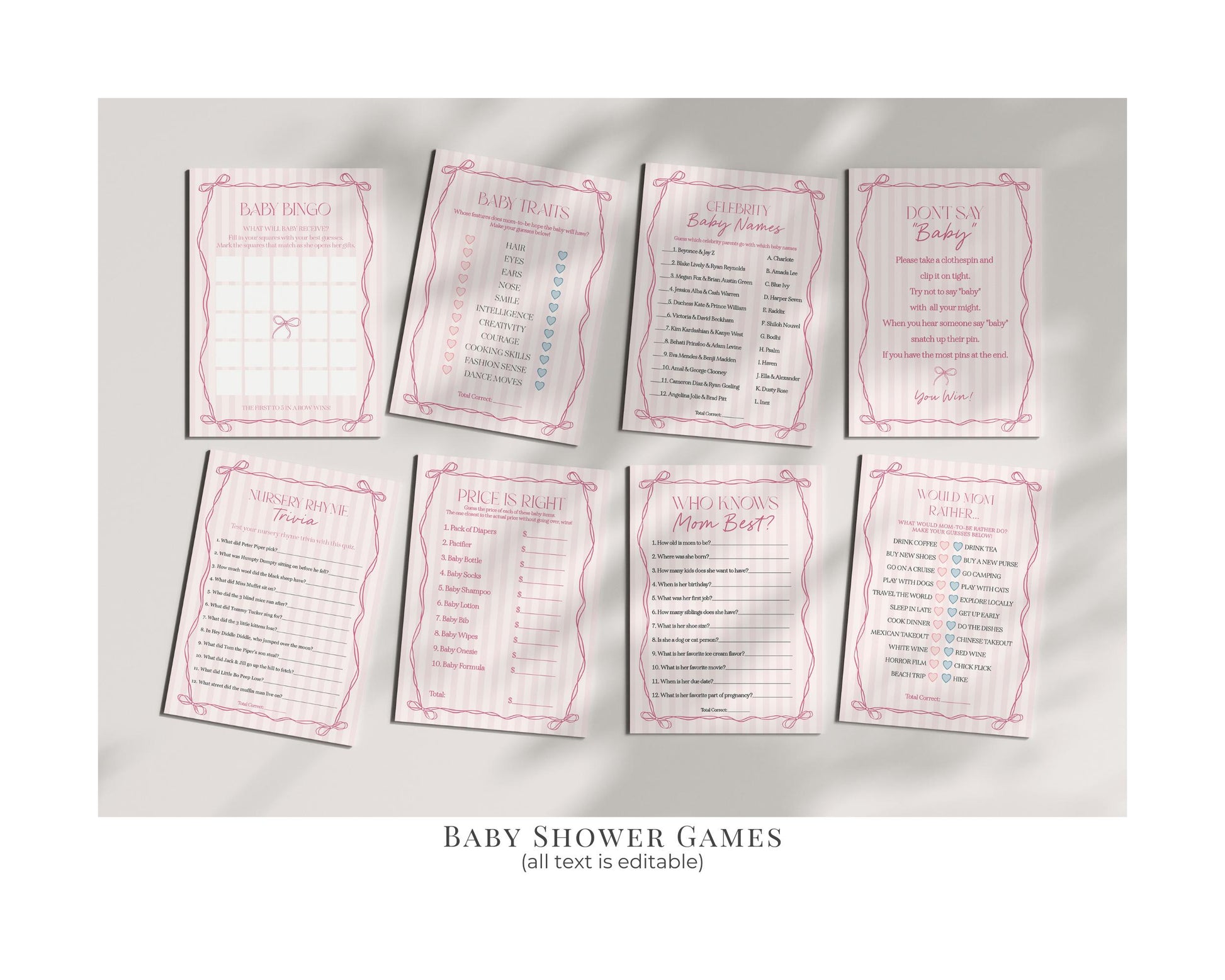 Pink Coquette Bow Baby Shower Bundle Template, Pastel Pink Grandmillennial Theme Baby Sprinkle with Whimsical Hand Drawn Bows WP1060