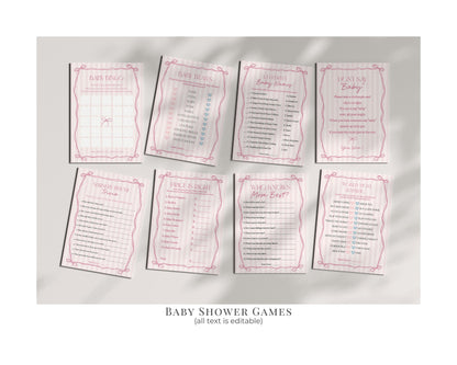 Pink Coquette Bow Baby Shower Bundle Template, Pastel Pink Grandmillennial Theme Baby Sprinkle with Whimsical Hand Drawn Bows WP1060