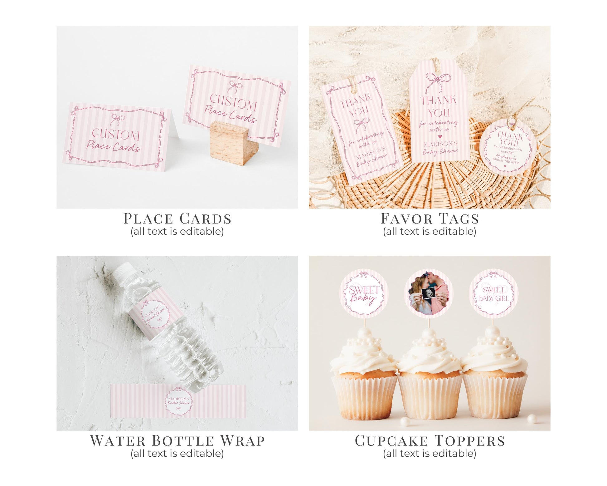 Pink Coquette Bow Baby Shower Bundle Template, Pastel Pink Grandmillennial Theme Baby Sprinkle with Whimsical Hand Drawn Bows WP1060