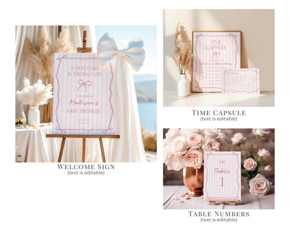 Pink Coquette Bow First Birthday Bundle Template, Pastel Pink Grandmillennial Theme 1st Birthday Party with Whimsical Hand Drawn Bows WP1060