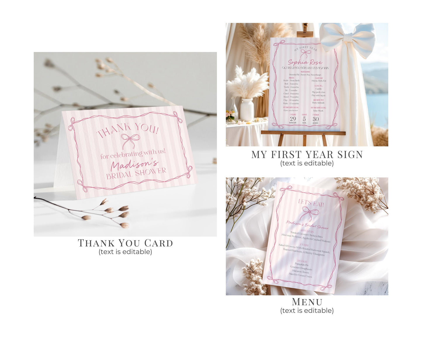 Pink Coquette Bow First Birthday Bundle Template, Pastel Pink Grandmillennial Theme 1st Birthday Party with Whimsical Hand Drawn Bows WP1060