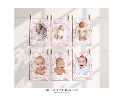 Pink Coquette Bow First Birthday Bundle Template, Pastel Pink Grandmillennial Theme 1st Birthday Party with Whimsical Hand Drawn Bows WP1060