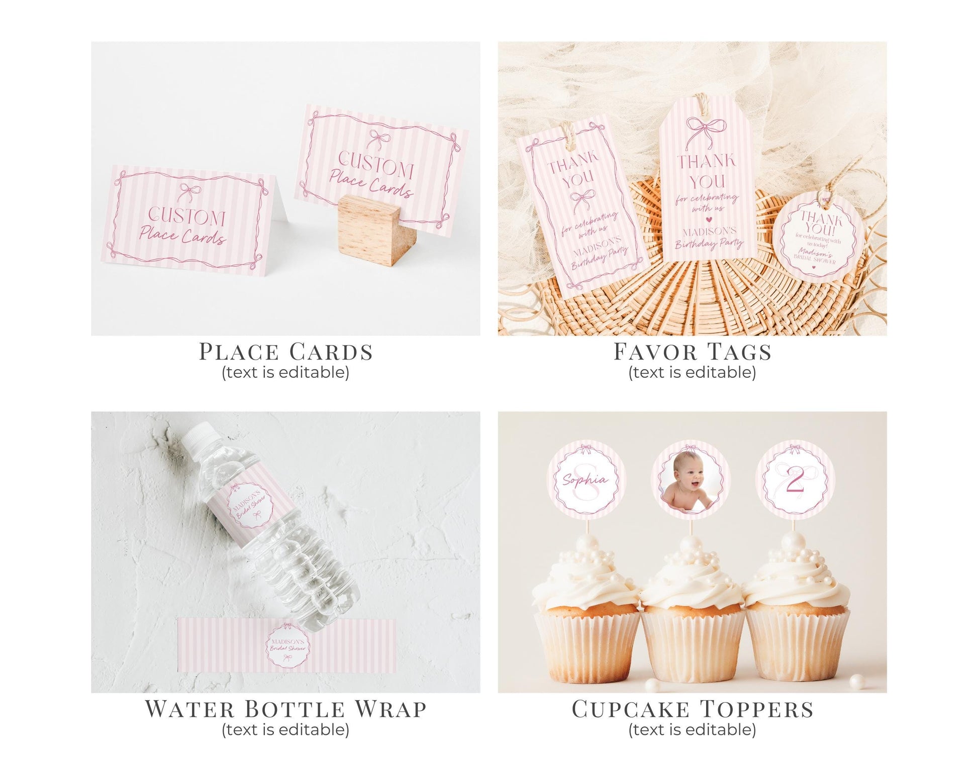 Pink Coquette Bow First Birthday Bundle Template, Pastel Pink Grandmillennial Theme 1st Birthday Party with Whimsical Hand Drawn Bows WP1060