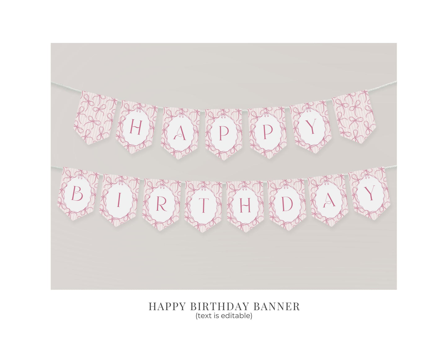 Pink Coquette Bow First Birthday Bundle Template, Pastel Pink Grandmillennial Theme 1st Birthday Party with Whimsical Hand Drawn Bows WP1060