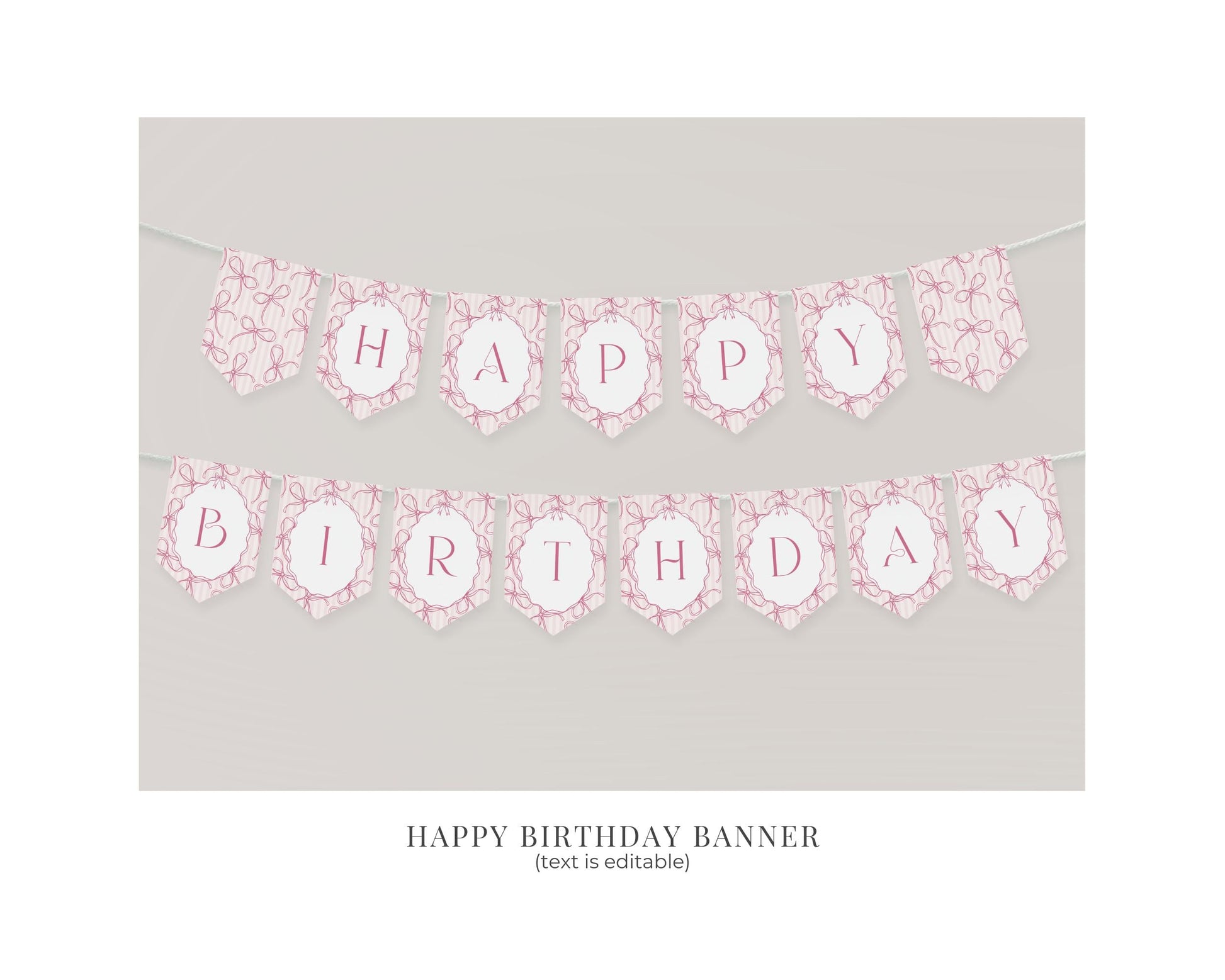 Pink Coquette Bow First Birthday Bundle Template, Pastel Pink Grandmillennial Theme 1st Birthday Party with Whimsical Hand Drawn Bows WP1060