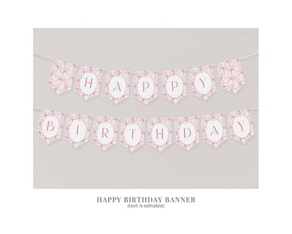 Pink Coquette Bow First Birthday Bundle Template, Pastel Pink Grandmillennial Theme 1st Birthday Party with Whimsical Hand Drawn Bows WP1060