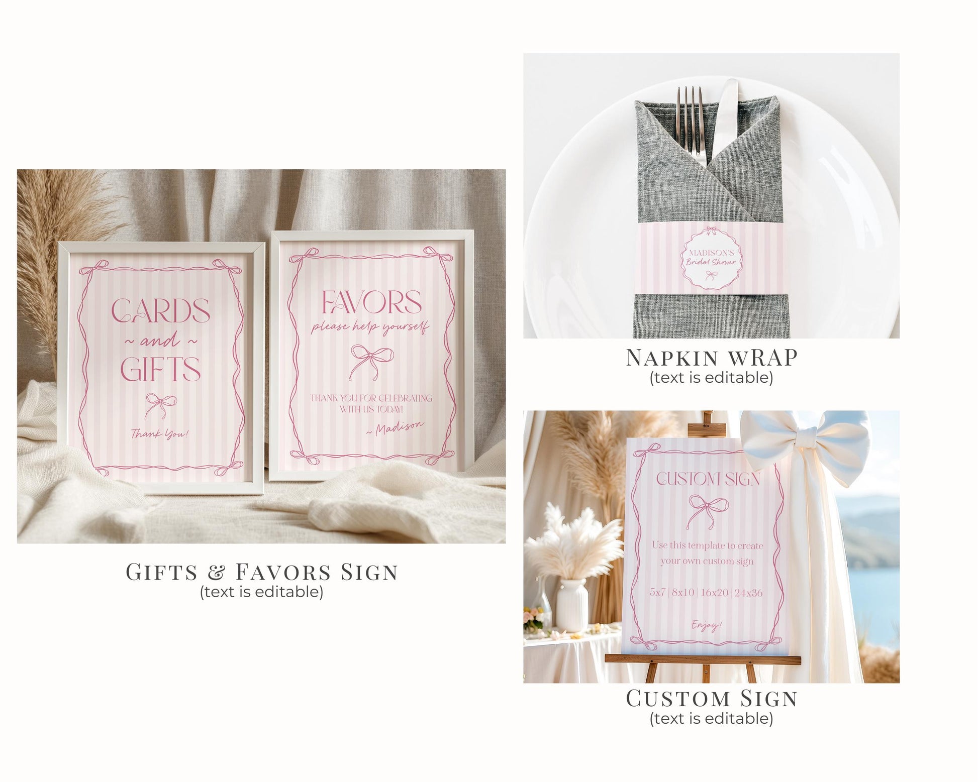 Pink Coquette Bow Birthday Bundle Template, Pastel Pink Grandmillennial Theme Birthday Party with Whimsical Hand Drawn Bows WP1060