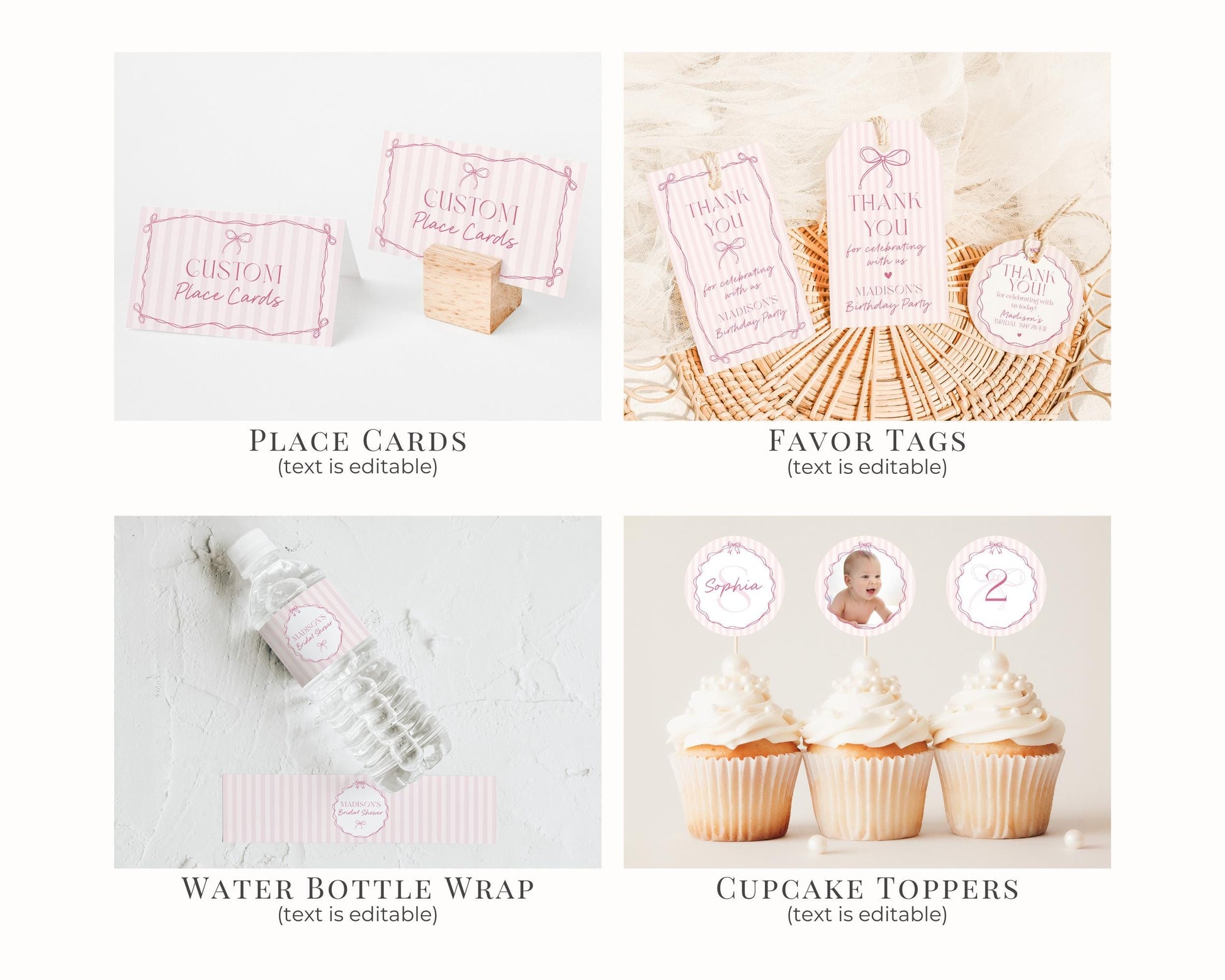 Pink Coquette Bow Birthday Bundle Template, Pastel Pink Grandmillennial Theme Birthday Party with Whimsical Hand Drawn Bows WP1060