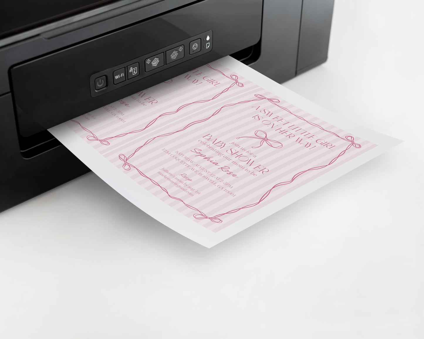 Pink Coquette Bow Baby Shower Invitation Template, Pastel Pink Grandmillennial Theme Baby Sprinkle with Whimsical Hand Drawn Bows WP1060