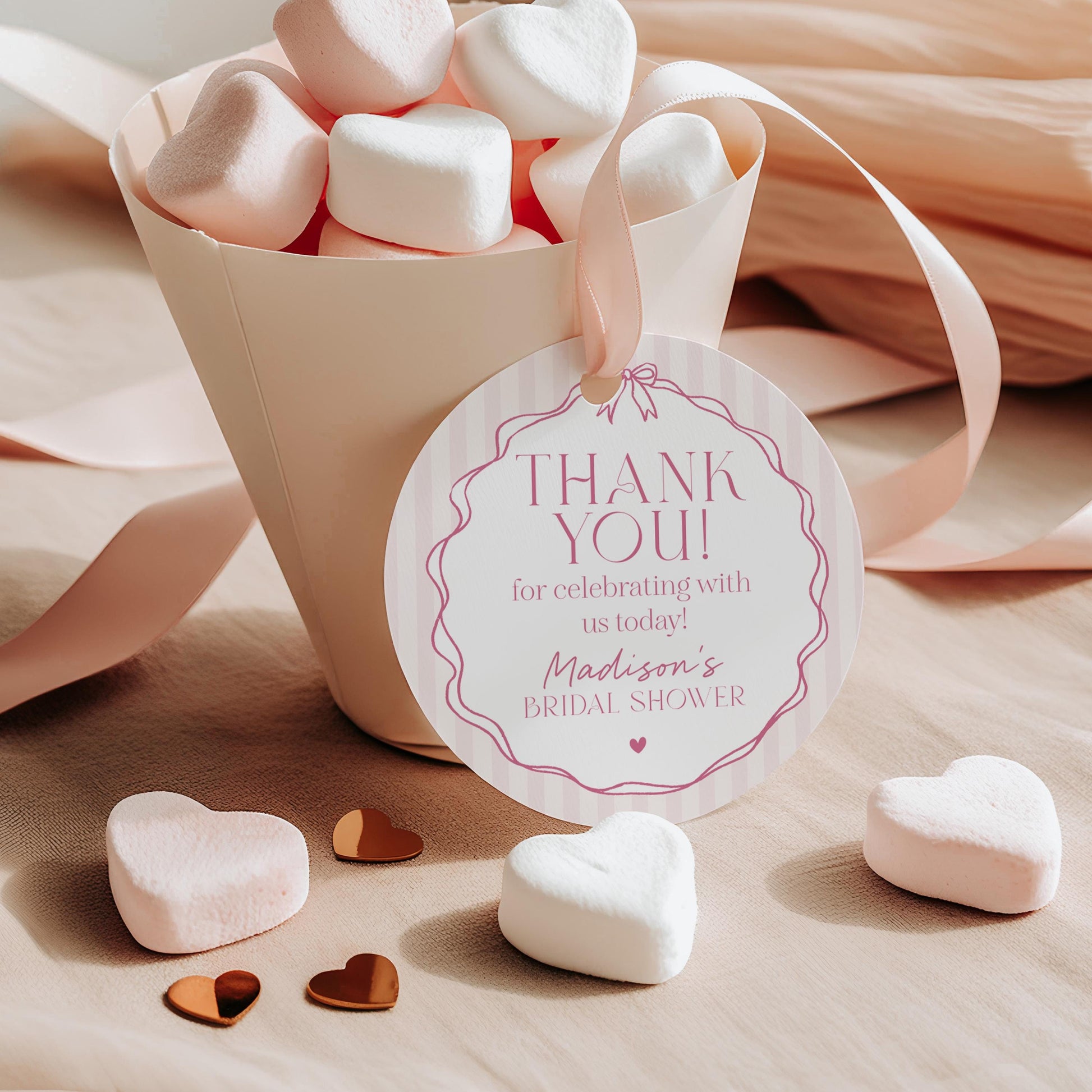 Pink Coquette Bow Bridal Shower Favor Tags Template, Pastel Pink Grandmillennial Theme Bridal Brunch, Whimsical Tying The Knot Bows WP1060